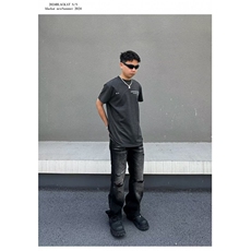 黑色个性剪裁破洞牛仔裤男款复古潮流猫须宽松直筒堆积感休闲长裤，男装牛仔裤，星座506A