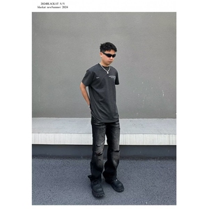 黑色个性剪裁破洞牛仔裤男款复古潮流猫须宽松直筒堆积感休闲长裤图片