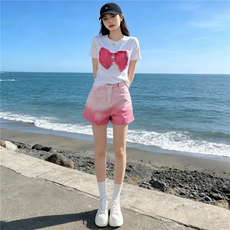 简约个性休闲时尚套装女夏新款刺绣蝴蝶结上衣粉色牛仔短裤两件套，女装套装/套裙，江南