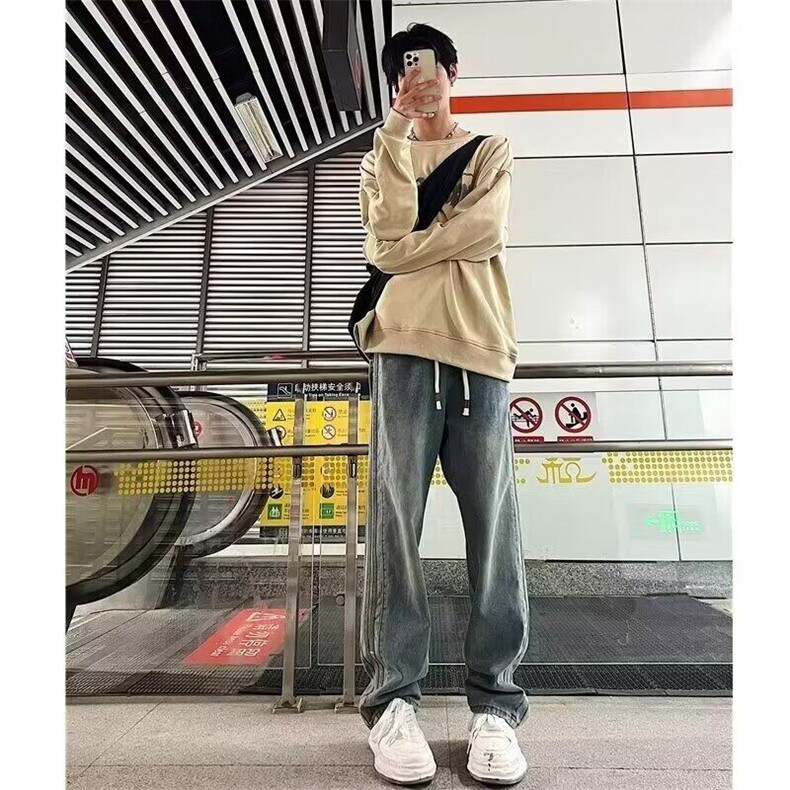 DG51-P55秋季新款美式宽松水洗直筒条纹牛仔裤潮-网图现货图片