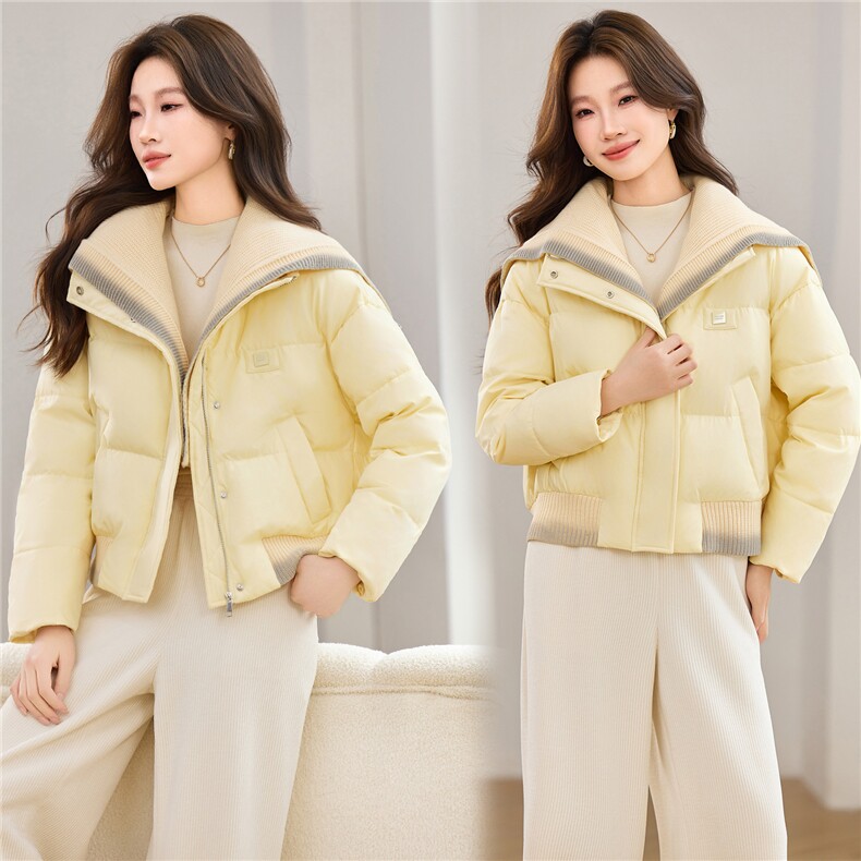 现货2025冬季新款休闲时尚无帽渐变针织领女士加厚加棉保暖棉服，女装棉衣/棉服，木子恋