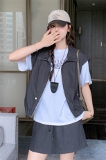 灰色立领马甲T恤短裙三件套女2025夏季新款时尚小个子搭配一整套，女装套装/套裙，2C093