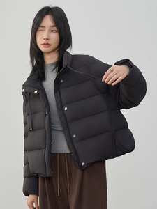 时尚拼色翻领短款羽绒服女2025冬季新款宽松休闲90白鸭绒保暖外套图片
