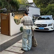 重磅秋冬装北极绒套头毛衣美式复古休闲慵懒风提花工艺针织衫外套，男装针织衫/毛衣，电商A443