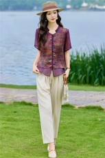 现货2026年夏季新款中式时尚两件套装女小衬衫加马甲天丝麻小脚裤，女装套装/套裙，璐依舞