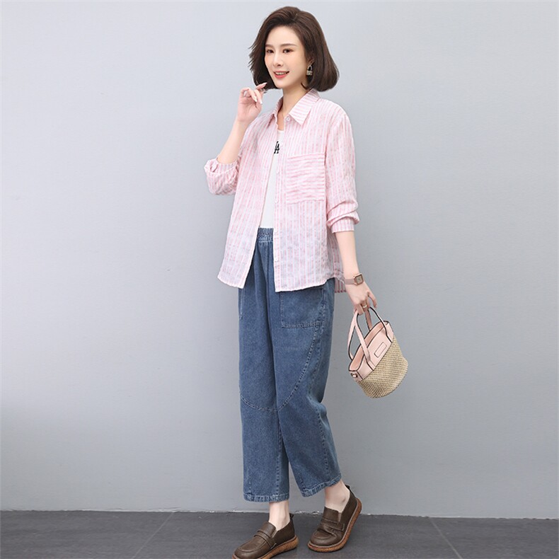 2023年春夏季条纹衬衣拼接水洗套装,女装套装/套裙,叶笙衣