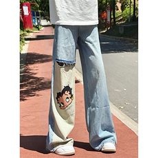 ！美式复古撞色拼接印花水洗破洞牛仔裤，男装牛仔裤，星座617C