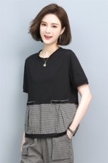 时尚夏季休闲格纹拼接盘扣上衣显瘦百搭短袖T恤，女装T恤，依恋蒂丝