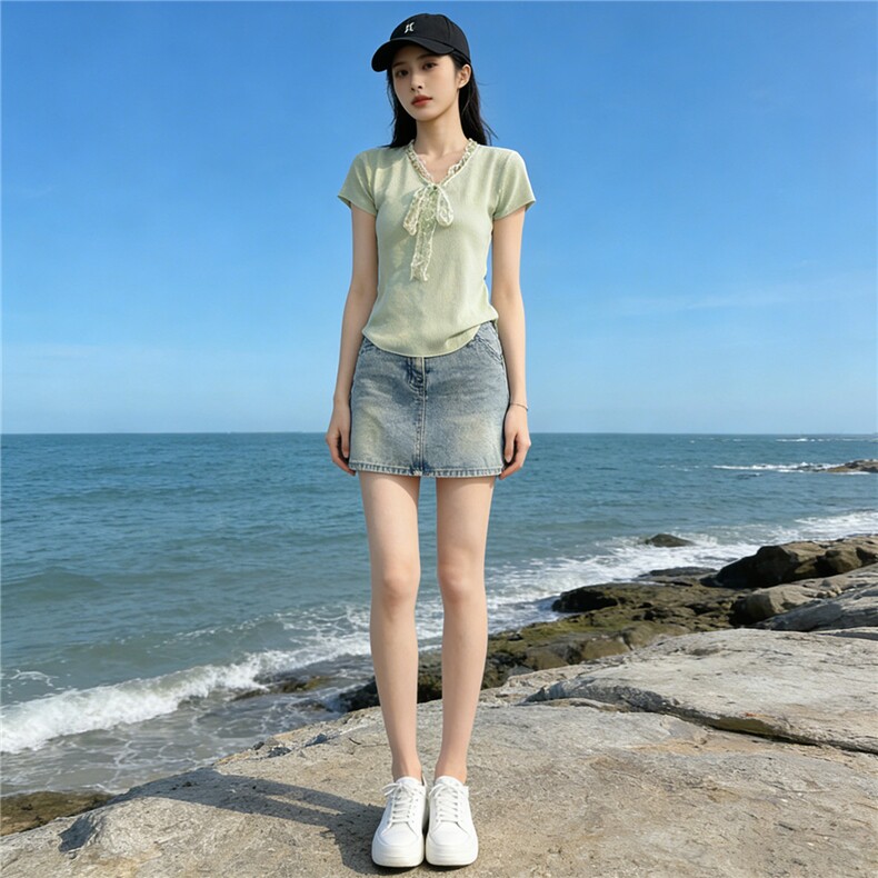 气质温柔风时尚套装裙女夏新款V领蕾丝拼接针织上衣牛仔裙两件套，女装套装/套裙，江南