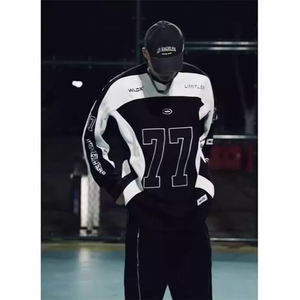 美式重磅硬挺机车服卫衣男春秋撞色拼接无帽衫cleanfit赛车服外套图片