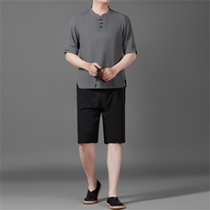 棉麻盘扣2025夏季亚麻绣花大码风男士透气短裤套装MJ5105B-P95，男装休闲套装，星座1105-3