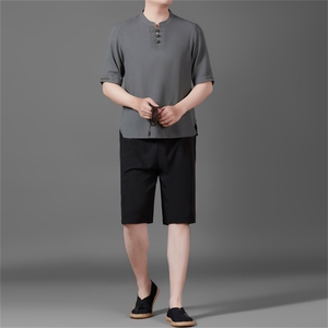 棉麻盘扣2025夏季亚麻绣花大码风男士透气短裤套装MJ5105B-P95图片