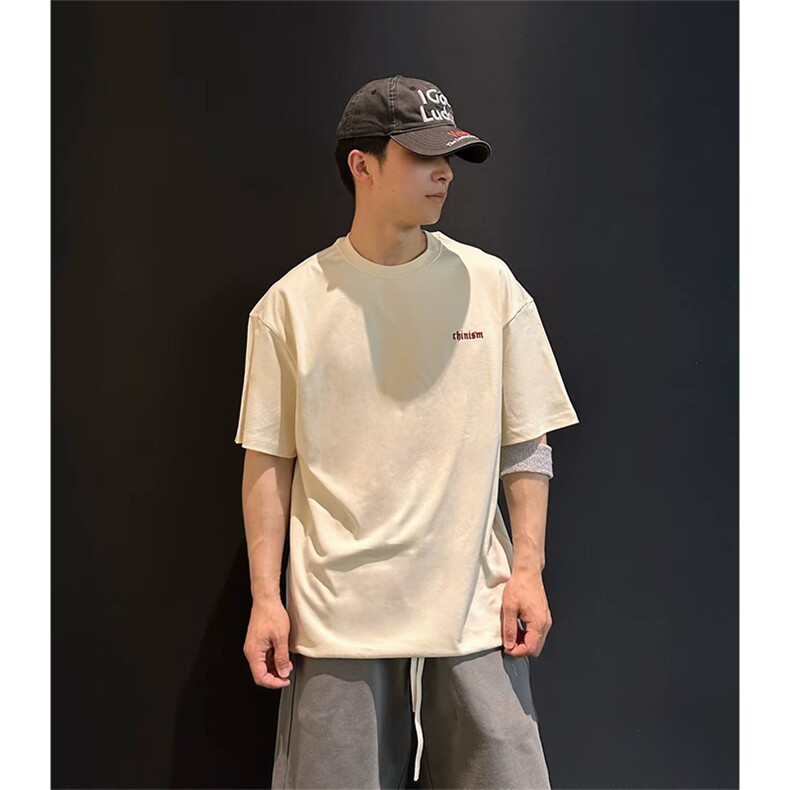 抖音得物供货210克现货宽松纯棉美式潮牌印花落肩袖纯棉T恤AT2155,男装T恤,电商A443