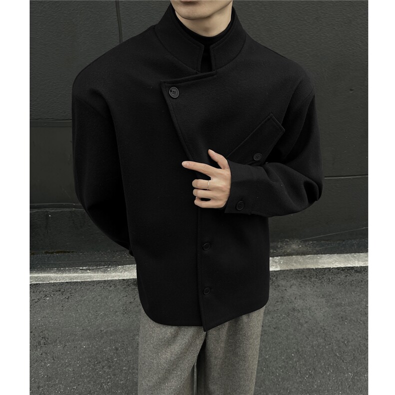 斜扣立领毛呢设计感外套老钱风大贴袋潮牌上衣969P108，女装短外套，电商A458A