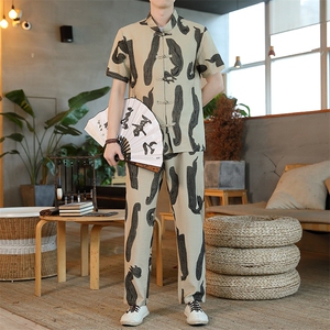 男士夏季风汉服棉麻透气舒适复古开衫唐装两件套 HO6929-P65图片