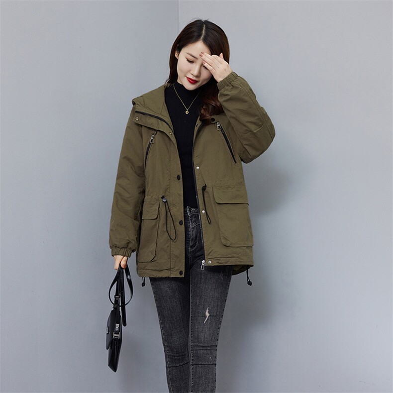 现货。时尚格子加绒加厚连帽保暖女派克服外套,女装棉衣/棉服,依万里