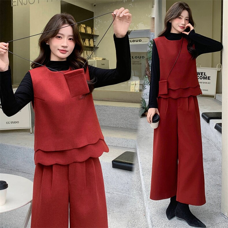 2026年春季法式时尚潮流舒适洋气带高级感磨毛呢马甲三件套裤，女装套装/套裙，超帛