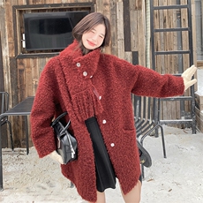 安可拉红围巾款皮毛一体羊羔毛外套女冬加厚棉服6092P225k328，女装棉衣/棉服，维壹