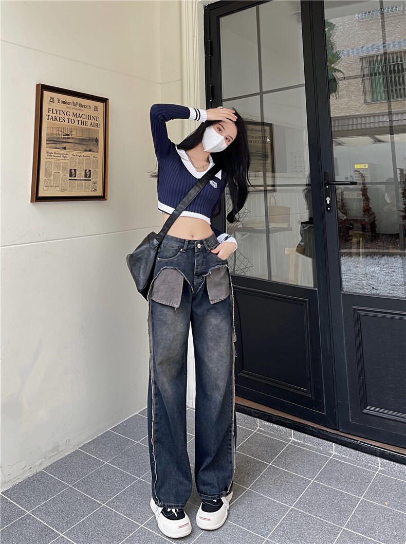 5053设计感撞色口袋外翻拼接牛仔裤女新款高腰显瘦直筒阔腿裤P59,女装牛仔裤,星座309B-2