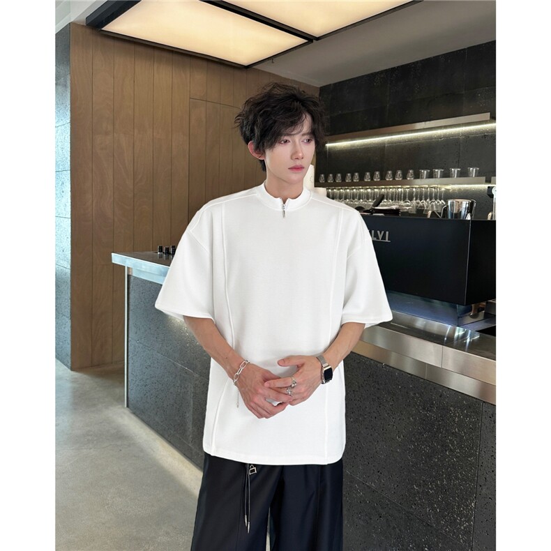 夏季新款cleanfit短袖设计感小众男白色半拉链圆领T恤休闲五分袖,男装T恤,星座516A