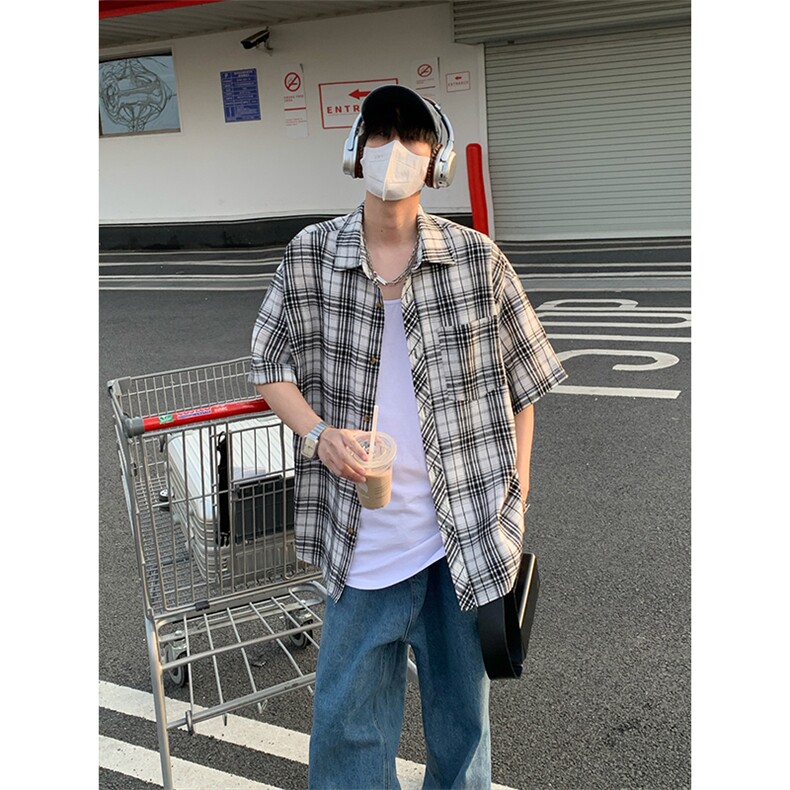 韩版潮流复古格子大码翻领短袖衬衫内搭外套DC2219-P24【特价】,男装T恤,电商A007