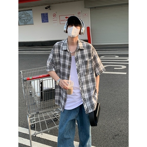 韩版潮流复古格子大码翻领短袖衬衫内搭外套DC2219-P24【特价】图片