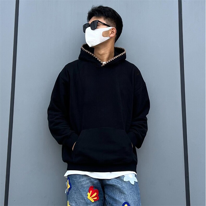 抖音得物高品质二开25秋冬美式重磅宽松纯色连帽贝壳刺绣卫衣W63,男装卫衣,电商A486-1