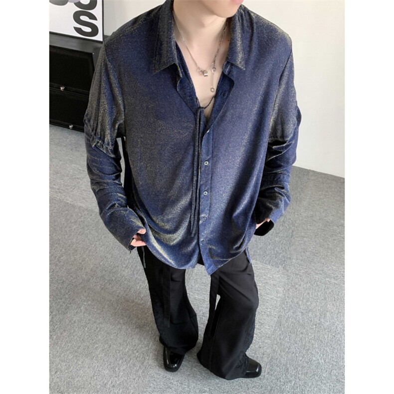 春秋明星同款演唱会重工闪钻宽松轻薄垂坠绑带长袖衬衫系带外套,男装衬衫,星座909
