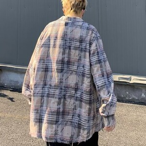 美式复古潮牌破坏感格子衬衫男女休闲显瘦慵懒风衬衣外套C145/P55图片