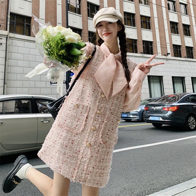 miu系穿搭粉色小香风背心连衣裙女春2025超火绝美千金感两件套装图片
