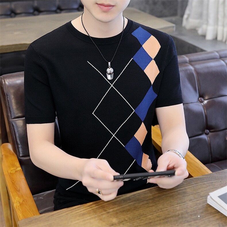 中青年男士短袖T恤男圆领格子上衣夏季休闲百搭潮流针织体恤衫,男装T恤,电商B212（原钱塘6029）