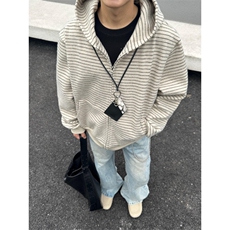 新美式复古条纹拉链开衫连帽卫衣男百搭情侣外套513AKS2408P57，女装短外套，星座513A