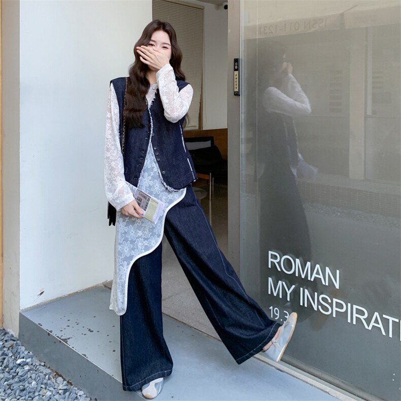设计感蕾丝上衣套装女2025秋季新款时尚洋气减龄马甲阔腿裤三件套,女装套装/套裙,2D076