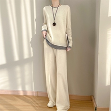 2025新款100羊毛假两件毛衣+阔腿裤休闲套装女时尚拼色宽松两件套，女装套装/套裙，昭美羊绒