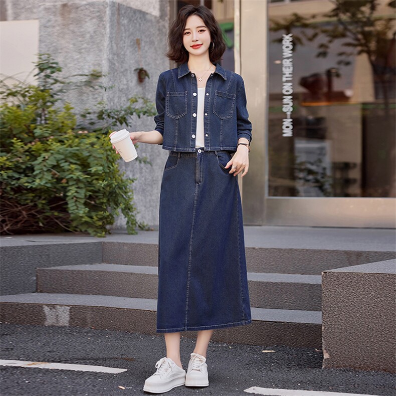 【现货新品】新款时髦减龄牛仔外套半裙两件套2024秋季新品,女装套装/套裙,慕依路