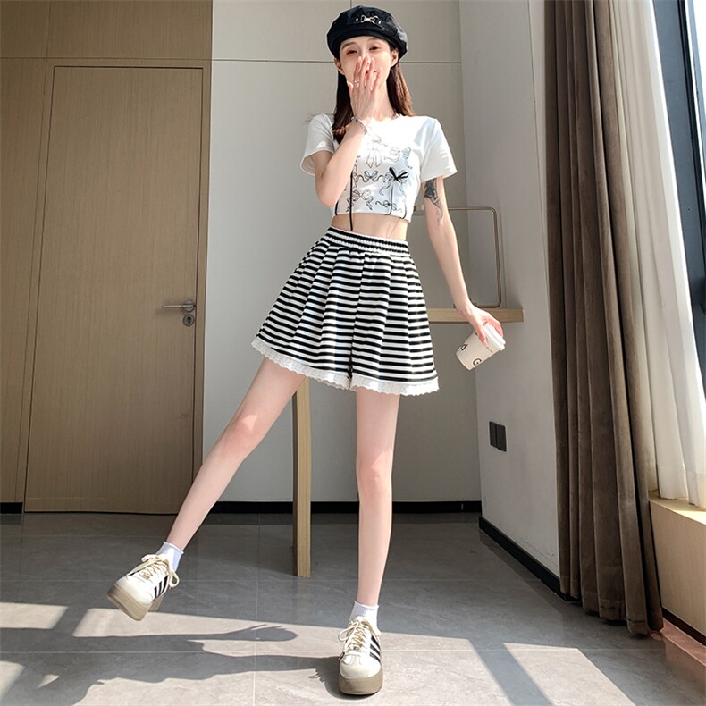 条纹蕾丝边拼接松紧高腰阔腿裤女2024夏季休闲裤韩版百搭短裤,女装短裤/热裤,梦白服饰厂