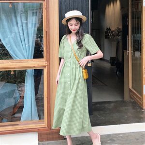爆款现货！20夏牛油果绿高腰显瘦格子连衣裙 229-8113-P75-K128图片