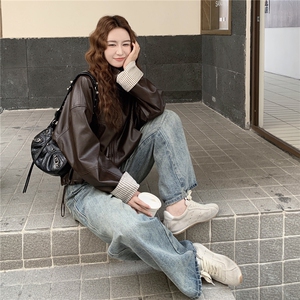 美式复古高级感条纹撞色PU皮衣外套女2025春秋季新款韩系显瘦夹克图片