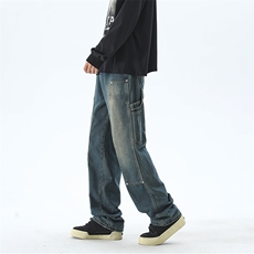 港风复古水洗做旧拼接设计感阔腿牛仔裤insXZ213-NZ7080-P60控78，男装牛仔裤，星座213