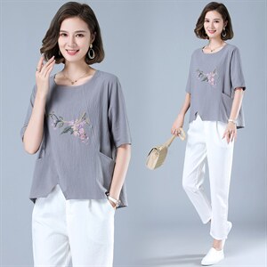 2024年夏季文艺清晰圆领纯色绣花时尚简约短袖舒适版型通勤常规,女装衬衫,风姿绰