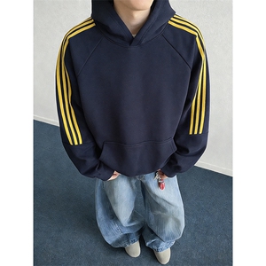 春装新款高品质 男女美式高街结构全棉纯色宽松织带连帽卫衣CM23图片