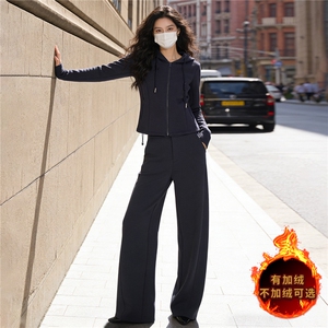 欧货时尚休闲运动套装秋冬新款女连帽拉链开衫卫衣直筒长裤两件套图片