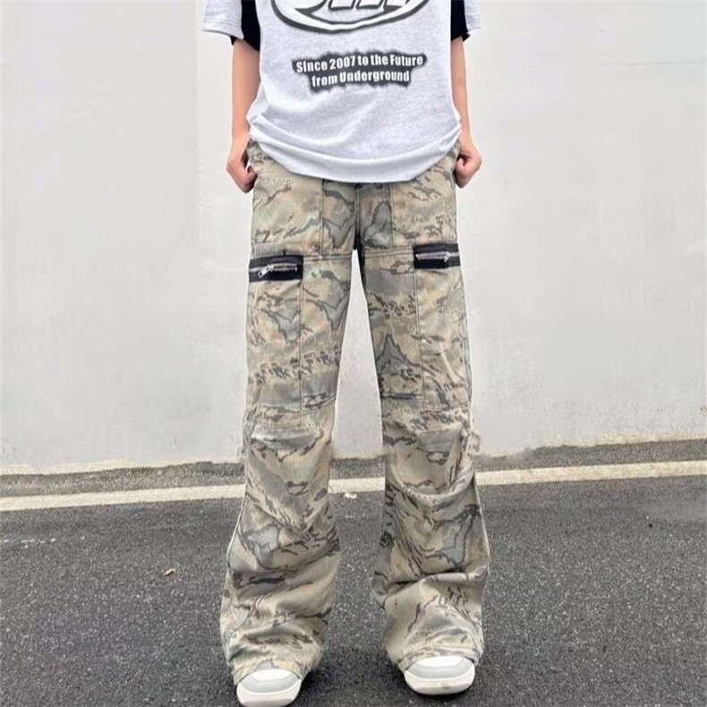口袋拉链设计工装迷彩裤潮流街头嘻哈宽松垂感阔腿裤AAM128P62,男装工装外套,星座1013-5