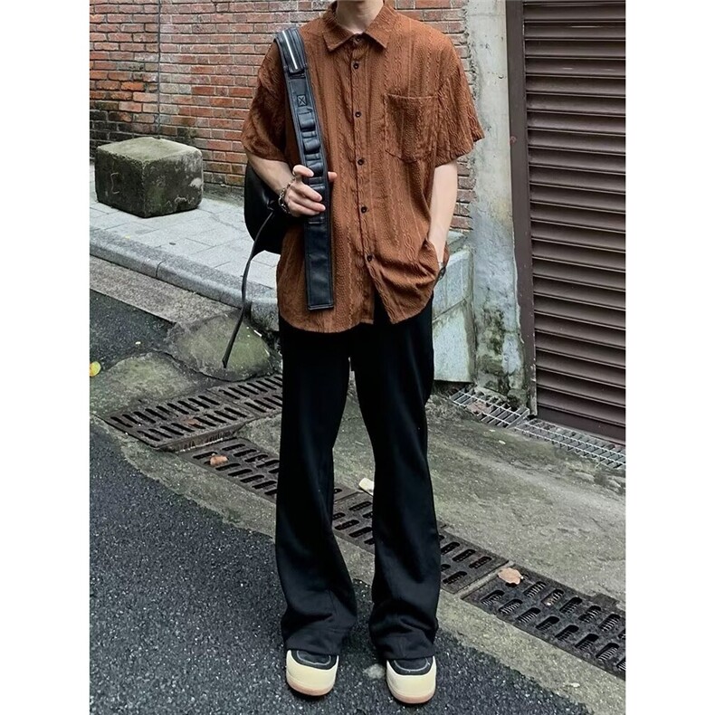 夏季韩版复古提花镂空衬衣慵懒风设计感短袖衬衫男宽松上衣t恤潮,男装衬衫,星座506A