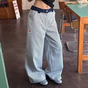 美式复古刺绣直筒竖条纹牛仔裤男女高街宽松百搭显瘦垂感长裤图片