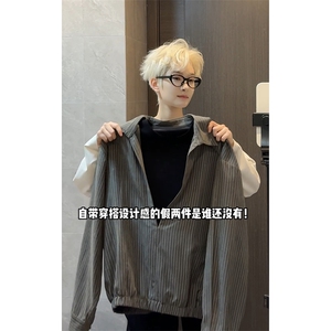 条纹宽松显瘦休闲百搭上衣设计感V领套头衬衣HY921TP48控88图片