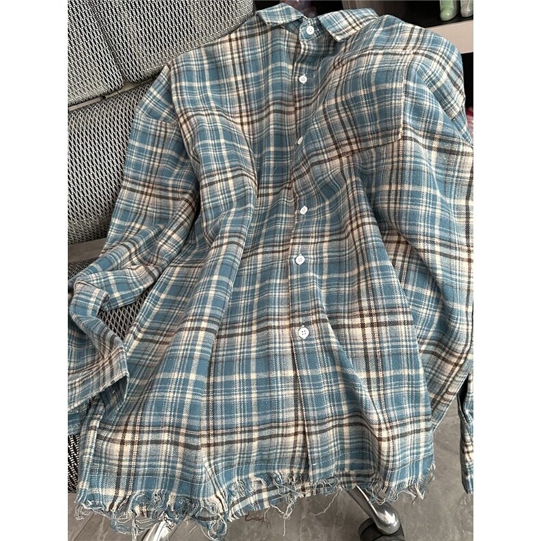 新款美式磨毛蓝色格子衬衫女男潮牌宽松休闲情侣衬衣外套C05,男装衬衫,星座1116A（原606A-3）