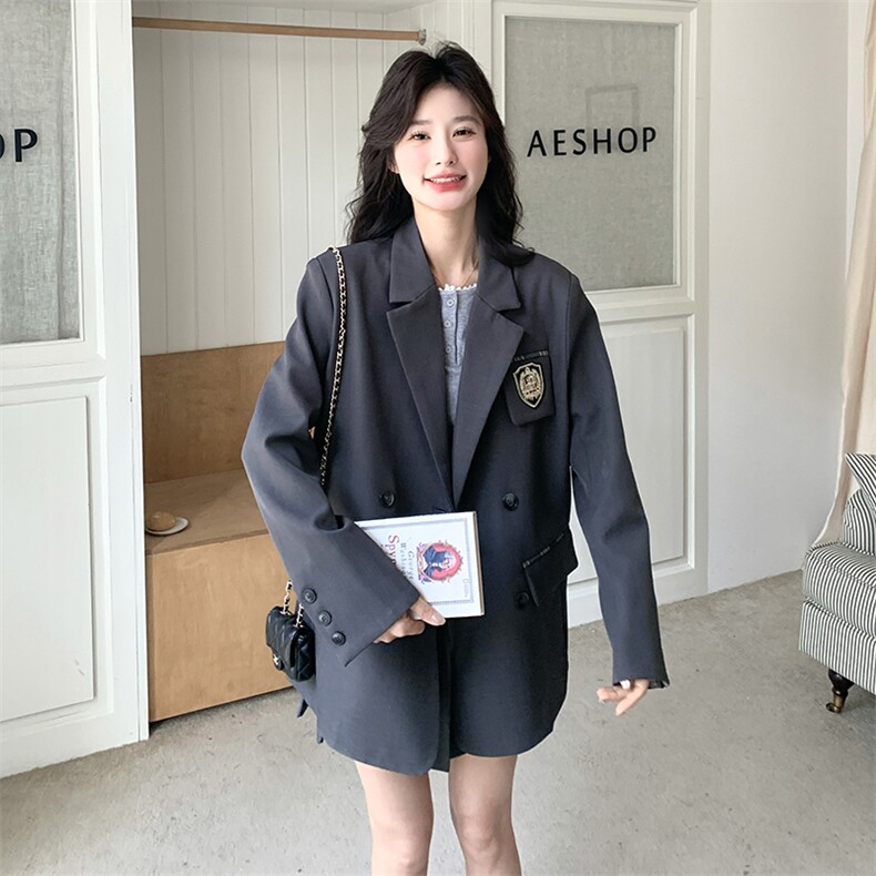 镂空长袖学院风双排扣常规款西装秋季上衣气质小个子春秋休闲黑色图片