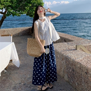 法式棉麻波点无袖套装女2025夏新款时尚显瘦气质女神范高端两件套图片