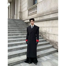 黑红撞色长款垫肩收腰大衣外套Y960-西装风衣P118毛呢大衣P125，男装西服套装，星座1004-3